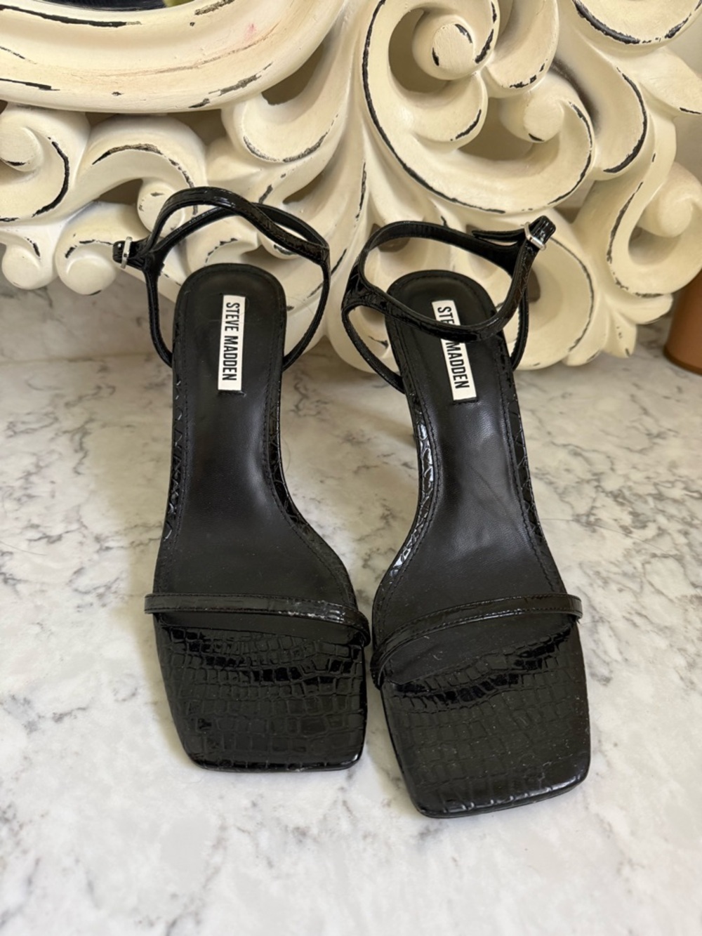 Steve Madden Black Croc-Embossed Ankle Strap Heels